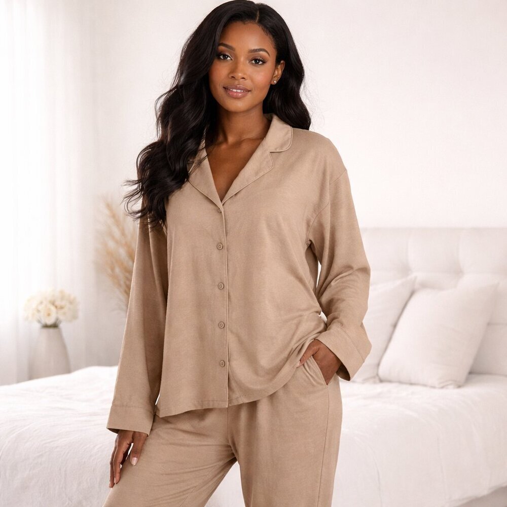 Nap Beige Loungewear Pajama Set Cozy Relaxed Button Front Top & Lounge Pants S